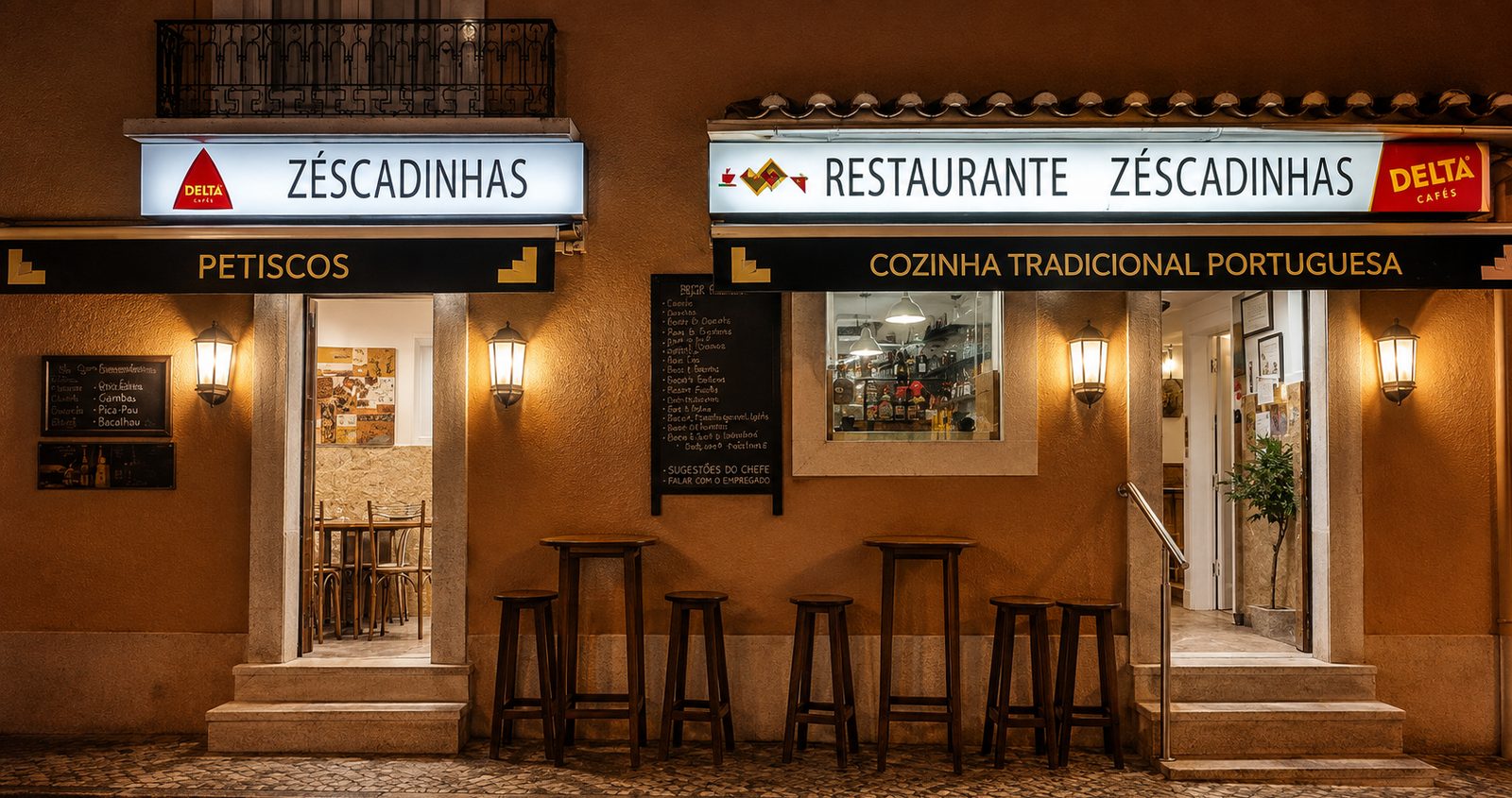 Fachada do Zé das Escadinhas, à noite